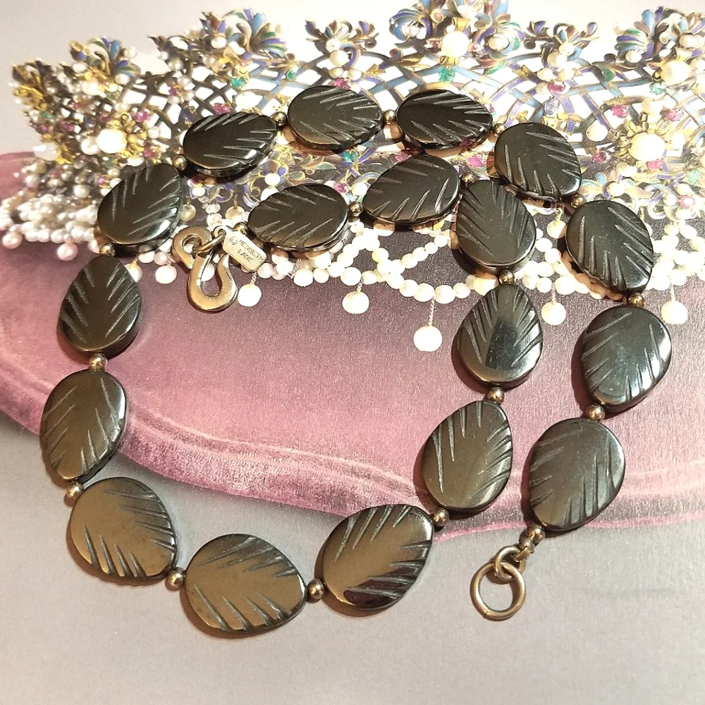 1980s Kenneth Lane Carved Hematite Leaf Necklace